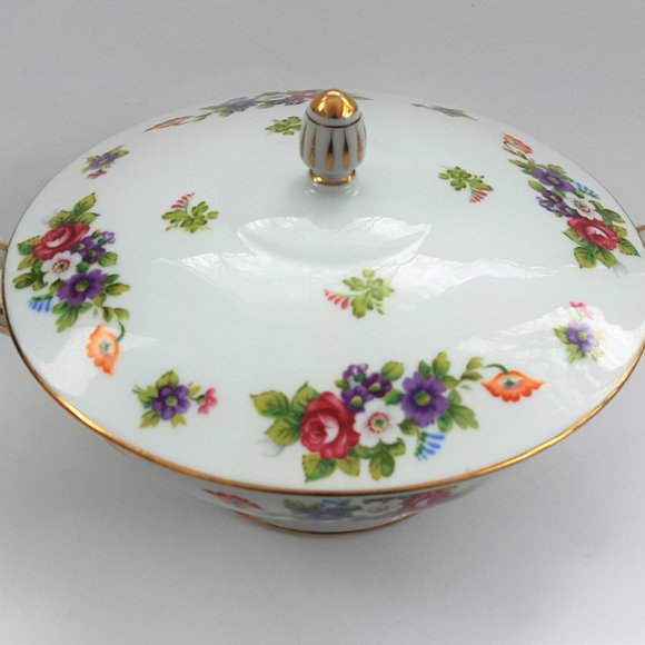 Sango China Covered Bowl Toureen 10" Japan Dresden Flowers Bouquet Gold VTG Mint - Picture 7 of 10